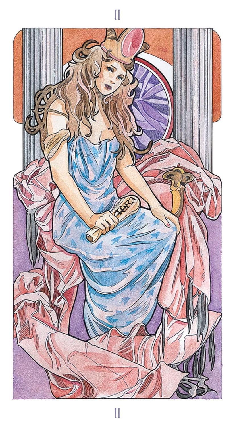 Art Nouveau-style illustration of a woman holding a sword with decorative elements.
