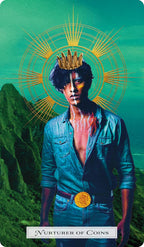 Person wearing a gold crown with a mountainous background and text 'Nurturer of Coins'.