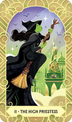 Card featuring a witch on a broomstick with a castle in the background, labeled 'The High Priestess'.
