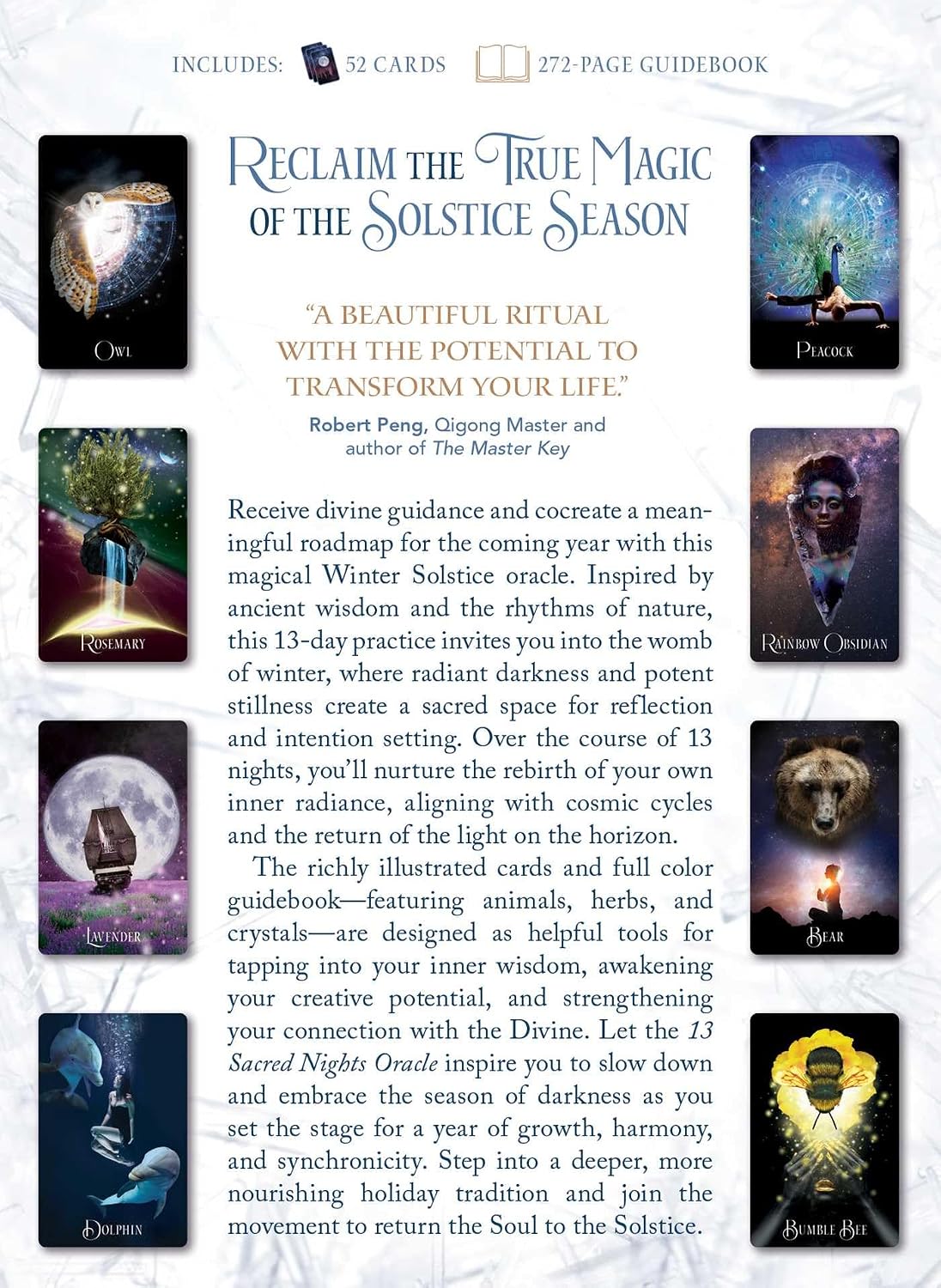 Product cover and preview of 'Reclaim the True Magic of the Solstice Season' by Robert Peng, showing the front cover with title, description, and included contents, alongside sample card and guidebook covers.