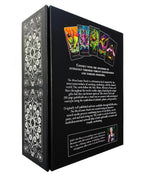 Black box with colorful tarot card designs and text on a white background