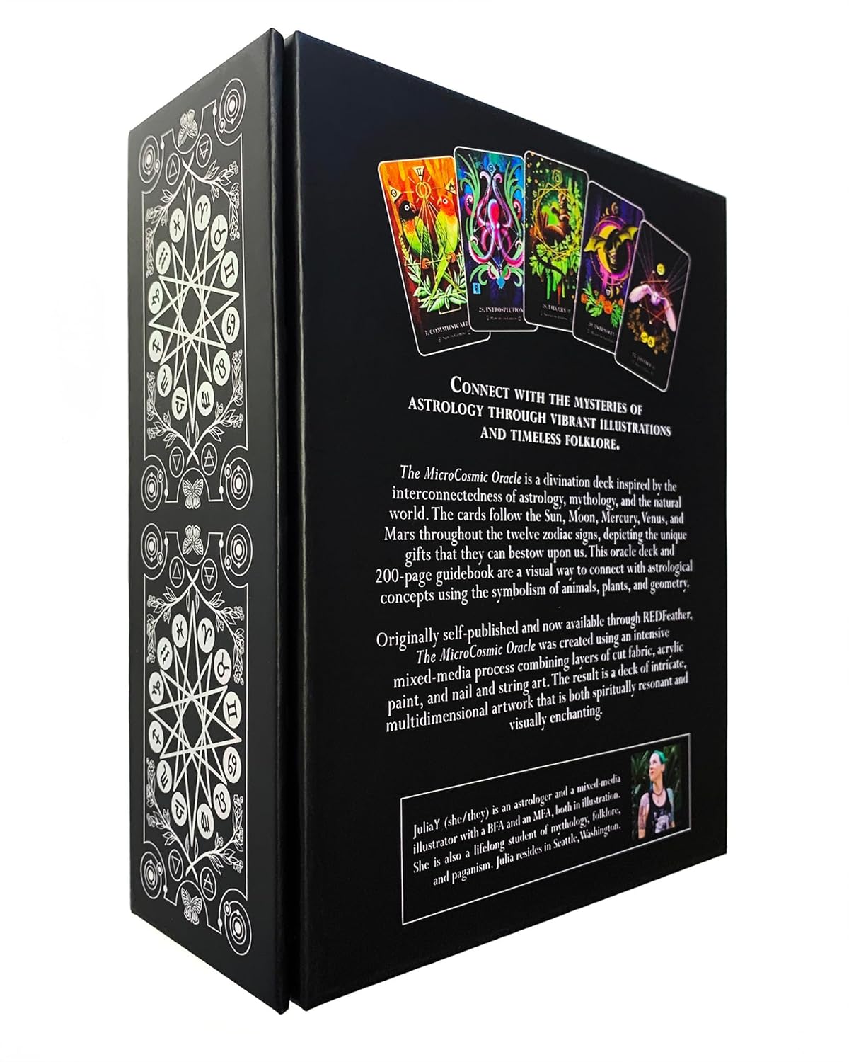Black box with colorful tarot card designs and text on a white background