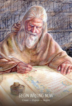 Illustration of an elderly man with a beard writing on a scroll with a stone wall background.