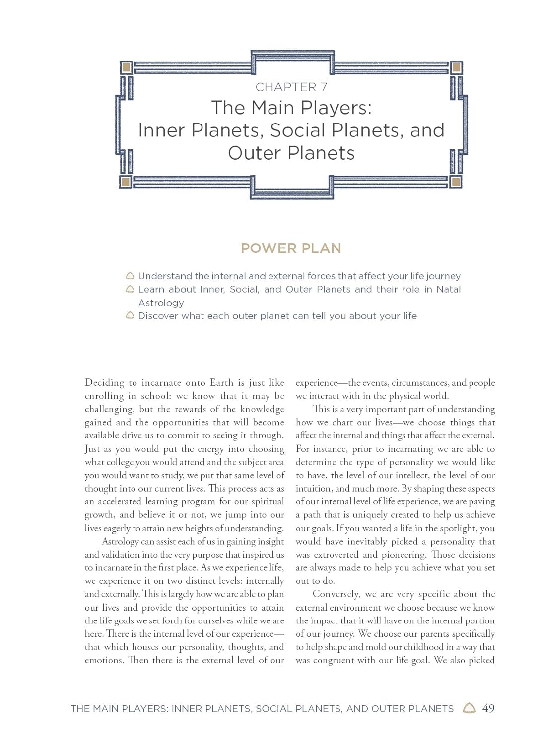 Page from a book titled 'The Main Players: Inner Planets, Social Planets, and Outer Planets' with text and a title frame.
