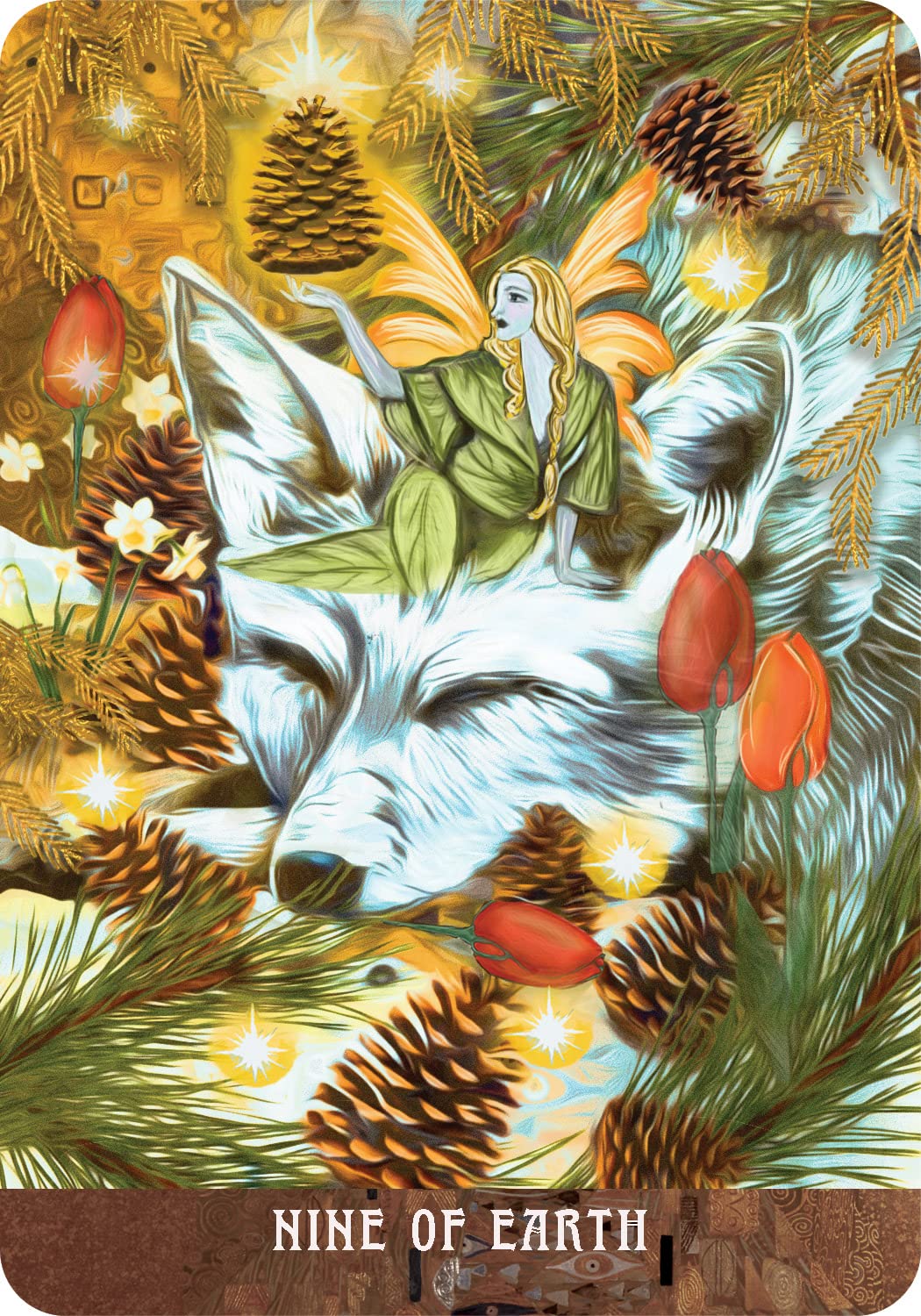 Card featuring a fox and fairy among pinecones and foliage with 'Nine of Earth' text.