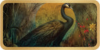 Peacock in a natural setting with flowers and trees on a decorative card.