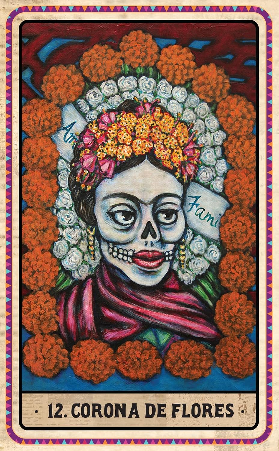 A colorful Day of the Dead style tarot card illustration featuring a skull-faced woman surrounded by orange marigolds and white roses, with the text '12. CORONA DE FLORES' at the bottom.