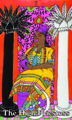 Colorful tarot card featuring a figure with palm trees and abstract patterns.