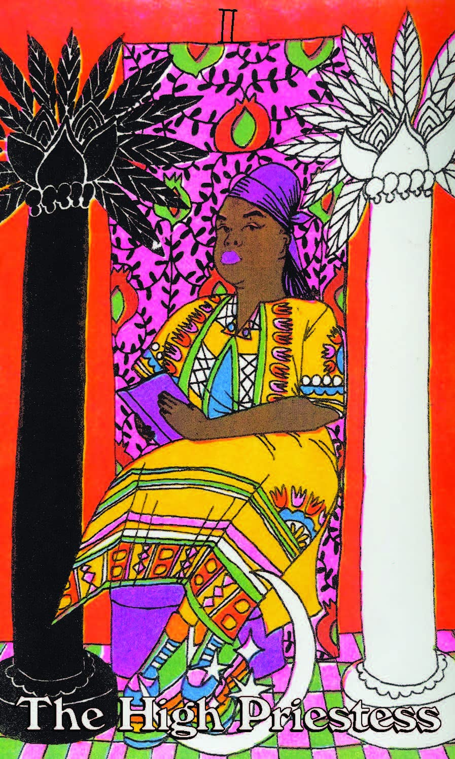Colorful tarot card featuring a figure with palm trees and abstract patterns.
