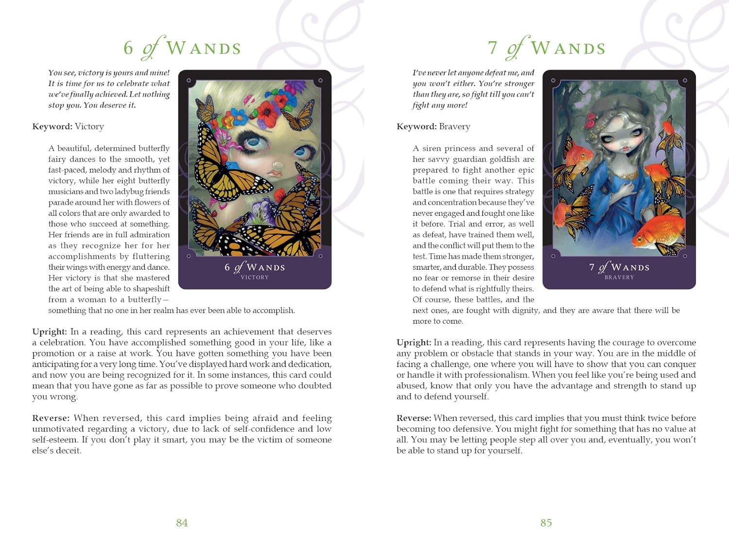 Two tarot card illustrations with descriptions and keywords on a white background.