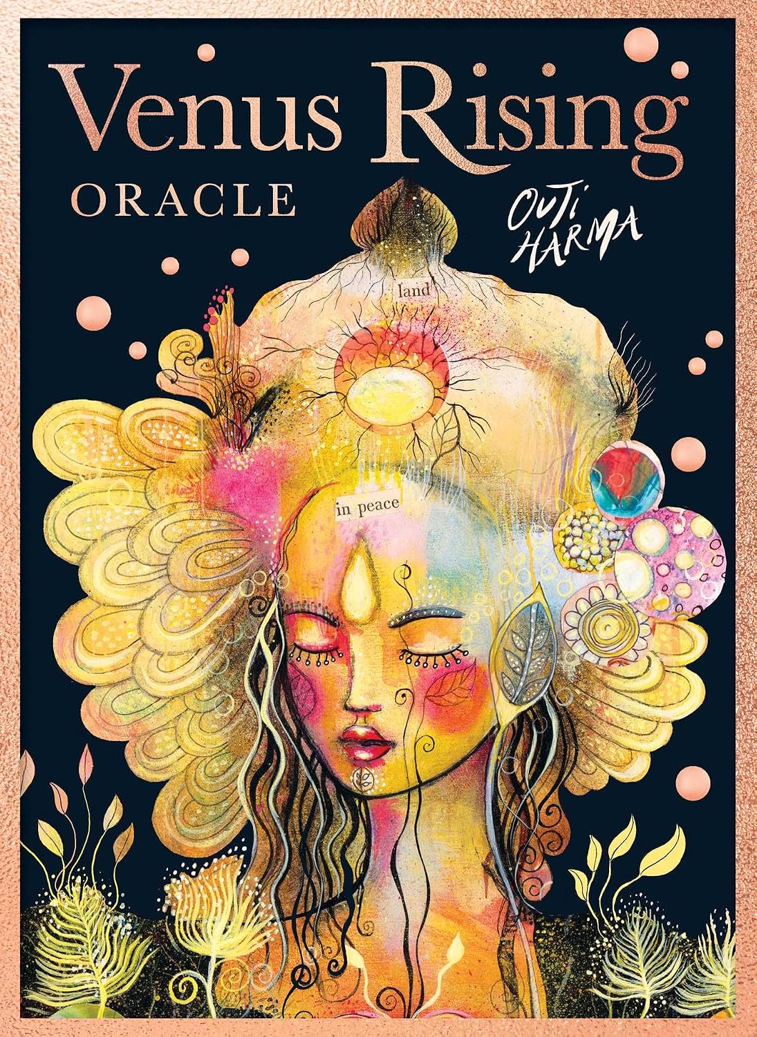 Venus Rising Oracle card deck box cover by Out Karma, featuring a colorful, psychedelic illustration of a woman's face with large decorative hair and floral elements on a dark background.