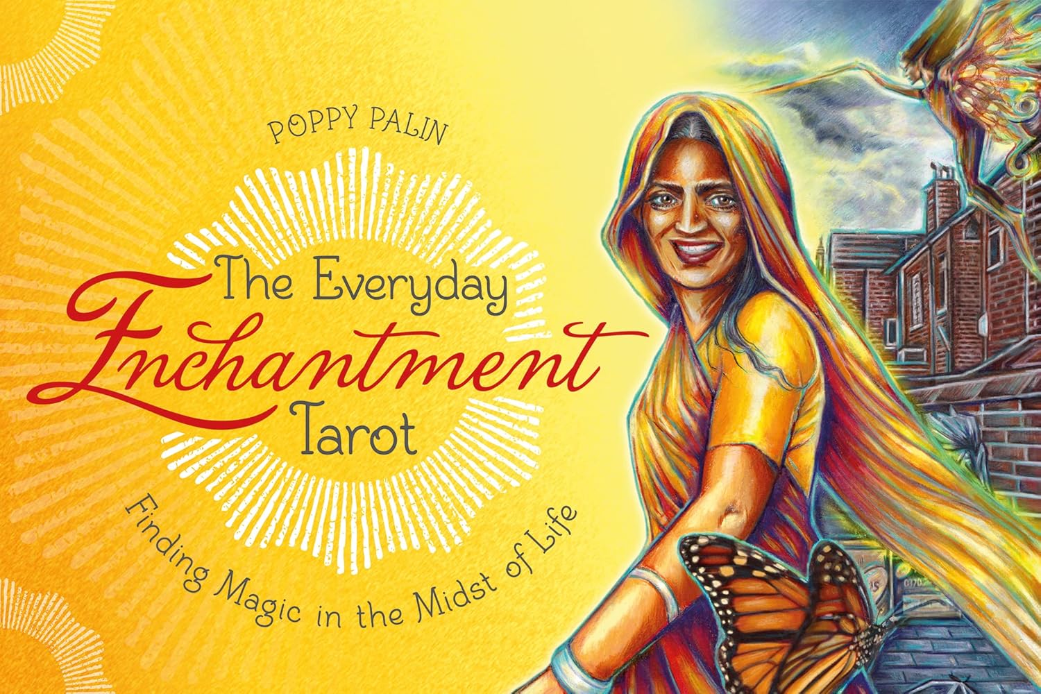 Book cover of 'The Everyday Enchantment Tarot' with a woman, butterfly, and cityscape illustration.