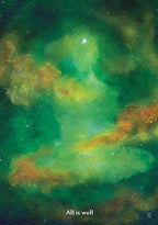 Cosmic scene with a bright star and swirling gas clouds, labeled 'All is well'.