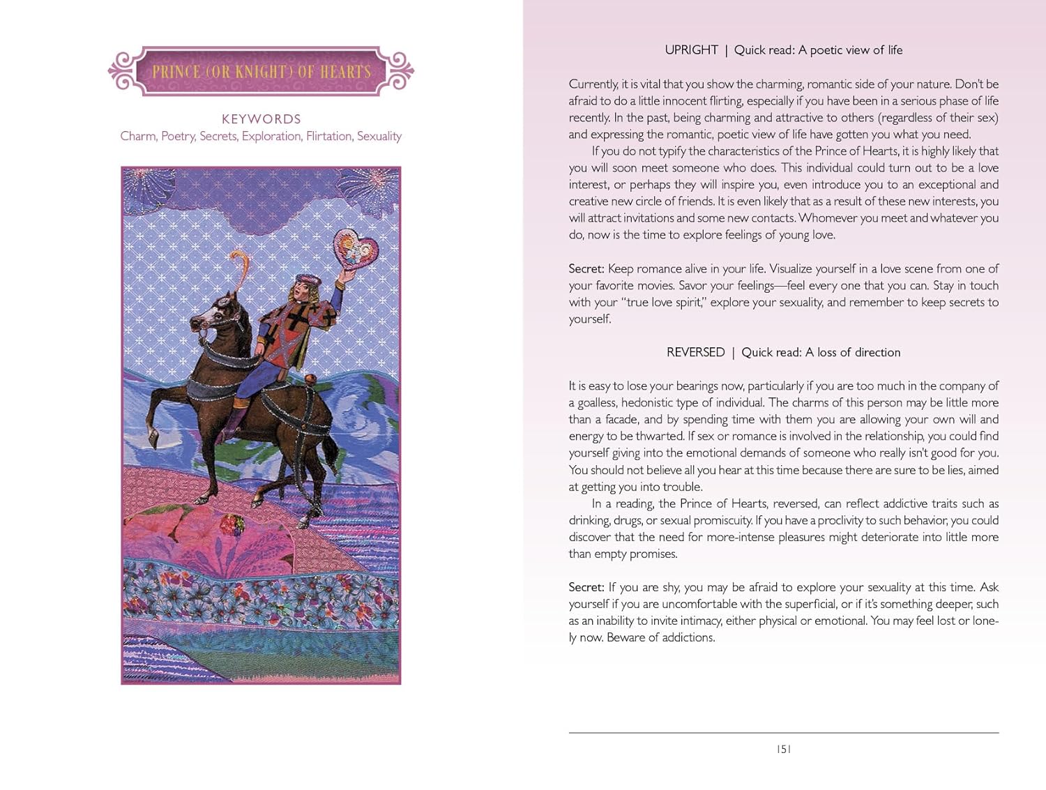 Card with a knight on a horse and heart, surrounded by text and symbols, on a colorful background.