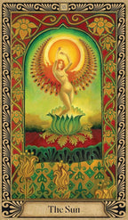 Decorative card titled 'The Sun' featuring a woman on a lotus flower with a sun in the background.