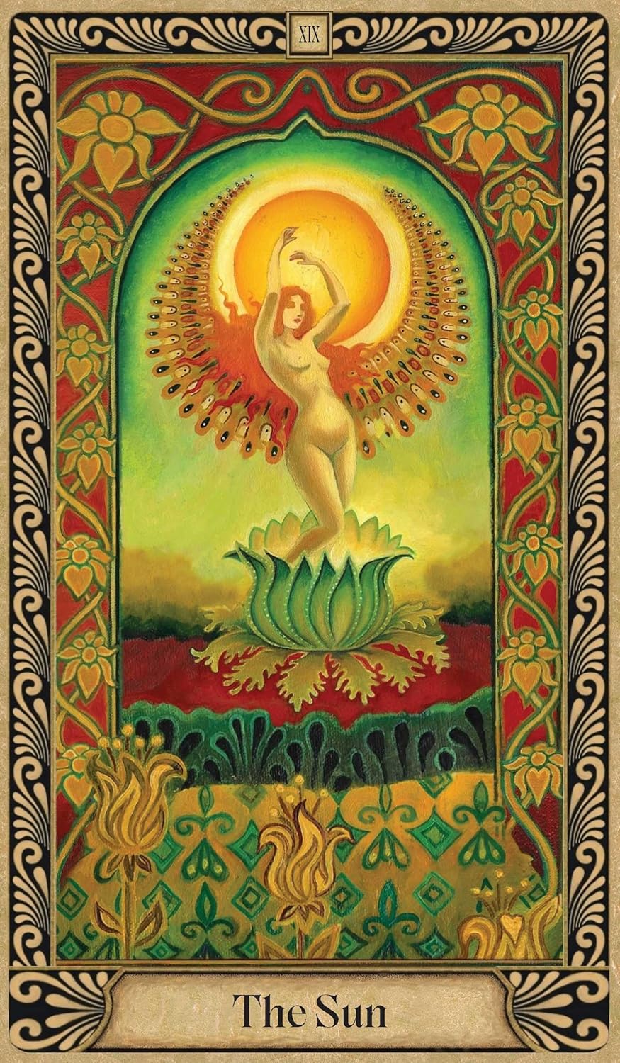 Decorative card titled 'The Sun' featuring a woman on a lotus flower with a sun in the background.