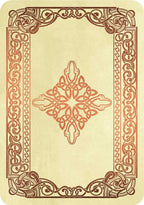 A square decorative card or print with a cream background and ornate reddish-brown Celtic knot border and central medallion design.