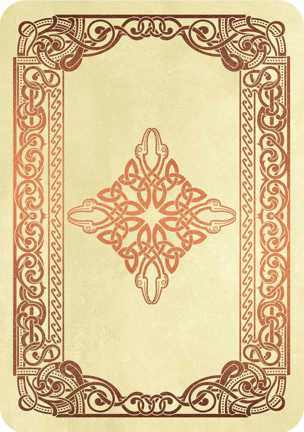 A square decorative card or print with a cream background and ornate reddish-brown Celtic knot border and central medallion design.