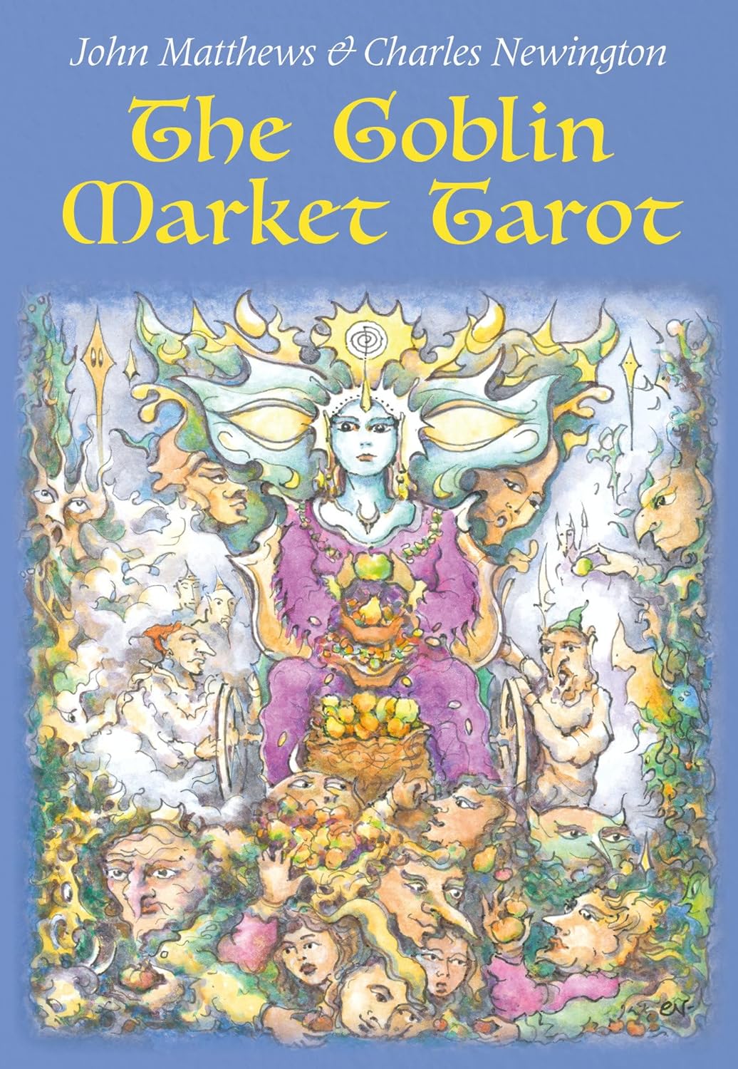 Cover of 'The Goblin Market Tarot' with an illustration of a central figure and surrounding characters on a blue background.