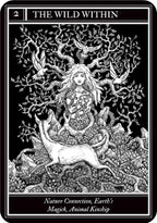 Tarot card titled 'The Wild Within' with a black and white illustration of a woman, deer, and trees.