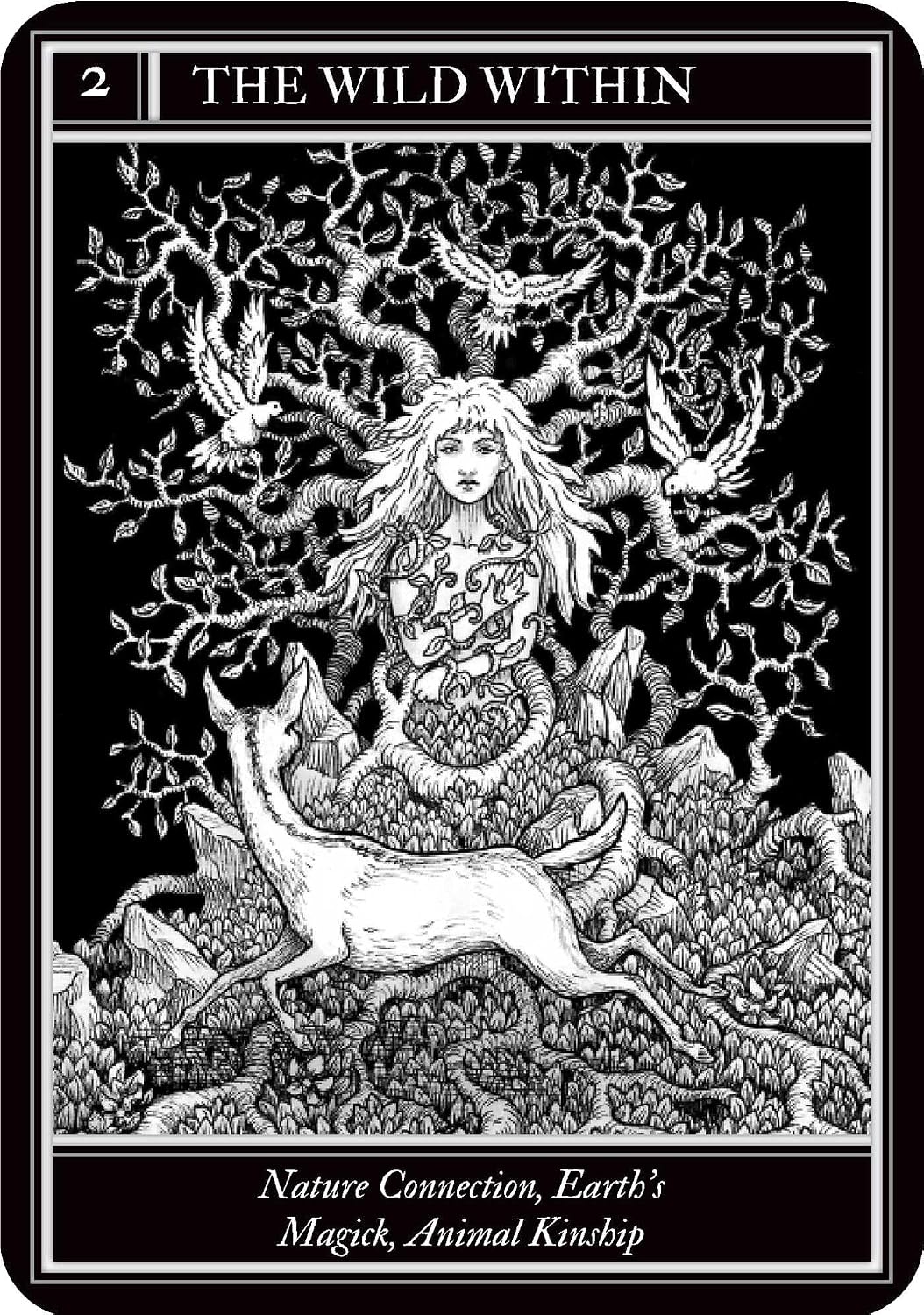 Tarot card titled 'The Wild Within' with a black and white illustration of a woman, deer, and trees.
