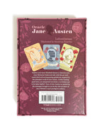 Back cover of 'Oracle Jane Austen' with illustrations and text on a maroon background