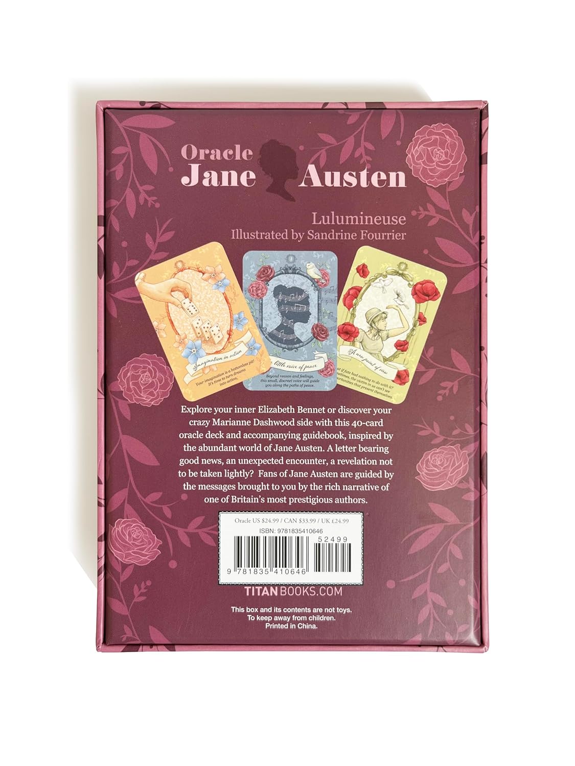 Back cover of 'Oracle Jane Austen' with illustrations and text on a maroon background