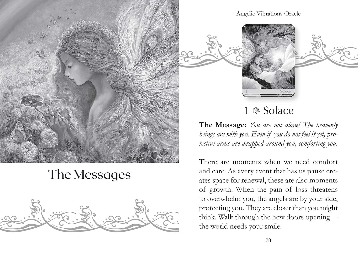 Illustration of a angelic figure with text from 'Angelic Vibrations Oracle' on a white background