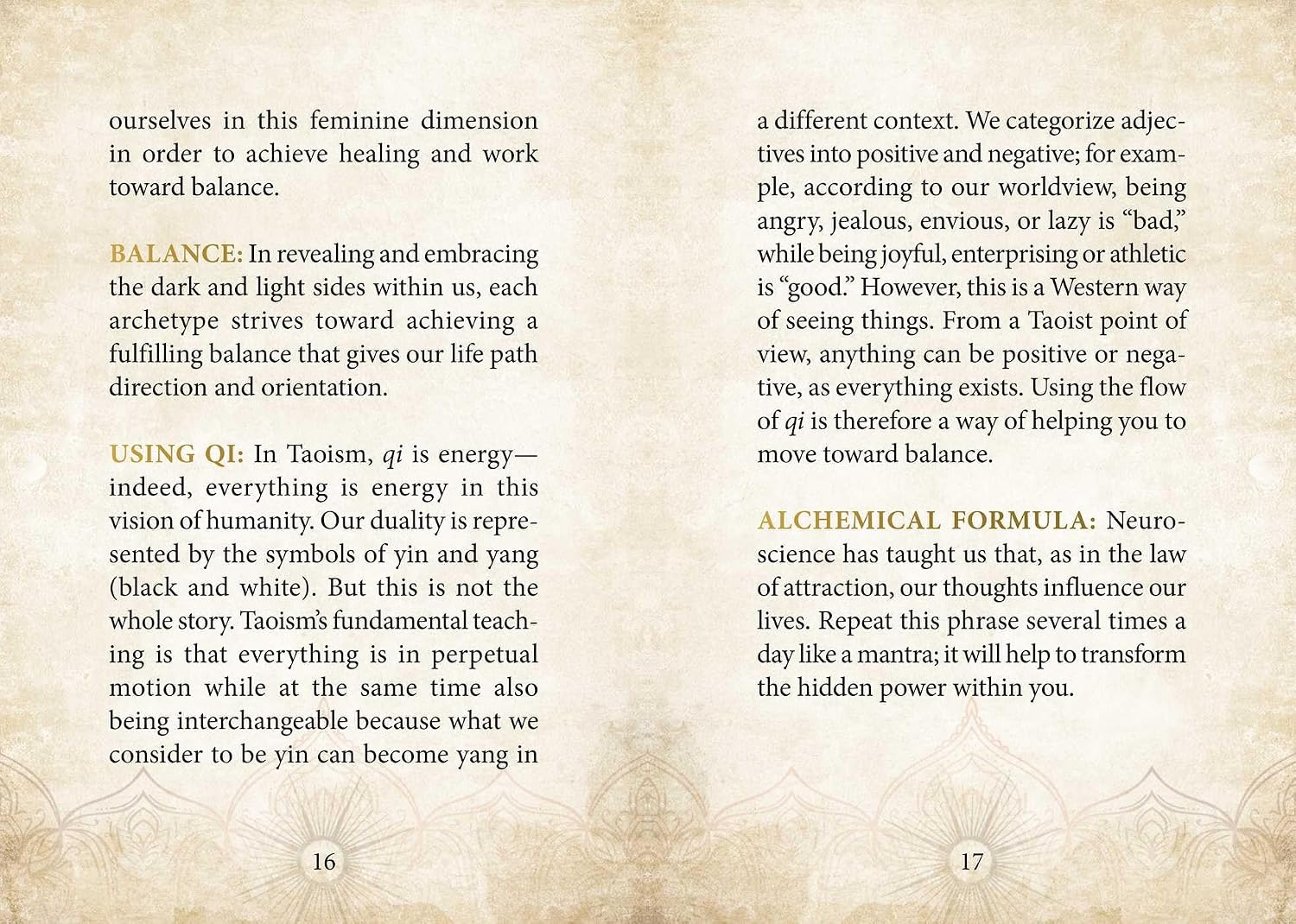 A printed page from a book or booklet with two columns of black text on a warm beige background with a faint ornamental border. The page includes headings such as BALANCE, USING QI, and ALCHEMICAL FORMULA.