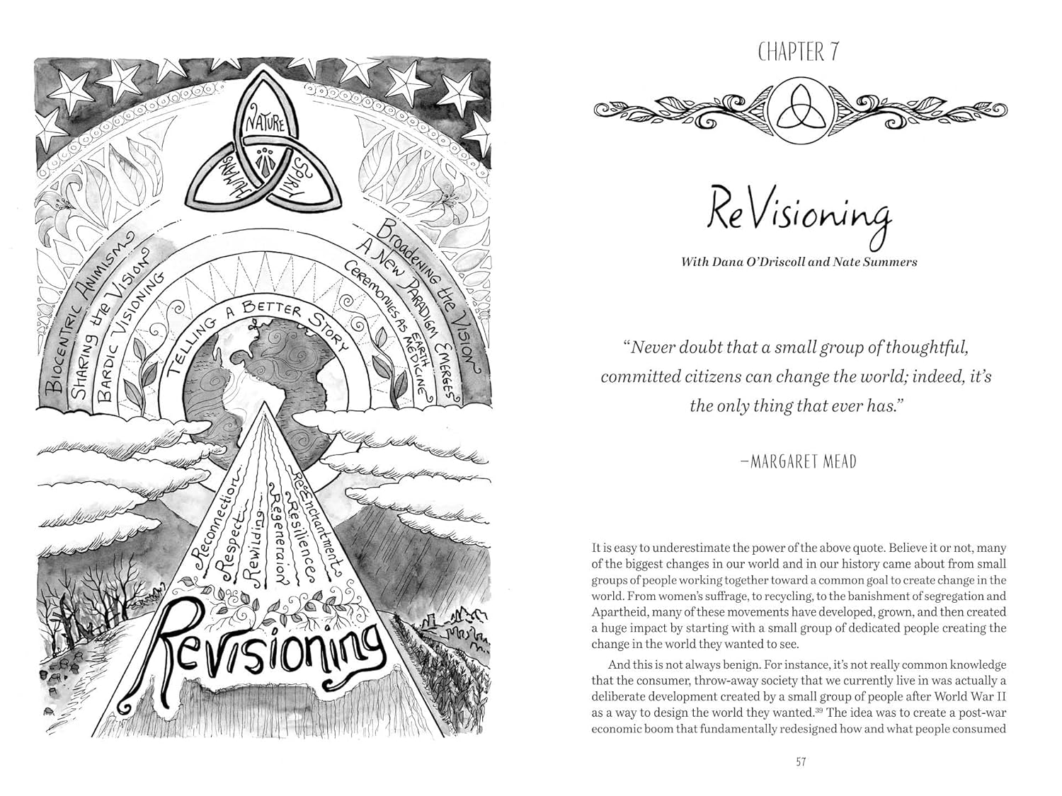 Book page with black and white illustration and text on 'ReVisioning' chapter