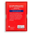 Red packaging of a 50-card oracle deck with guidebook by Marcella Kroll on a white background.