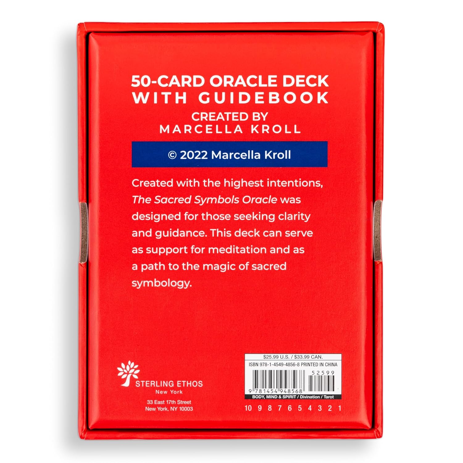 Red packaging of a 50-card oracle deck with guidebook by Marcella Kroll on a white background.