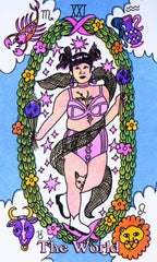 Tarot card titled 'The World' with a stylized figure and decorative elements on a blue background.