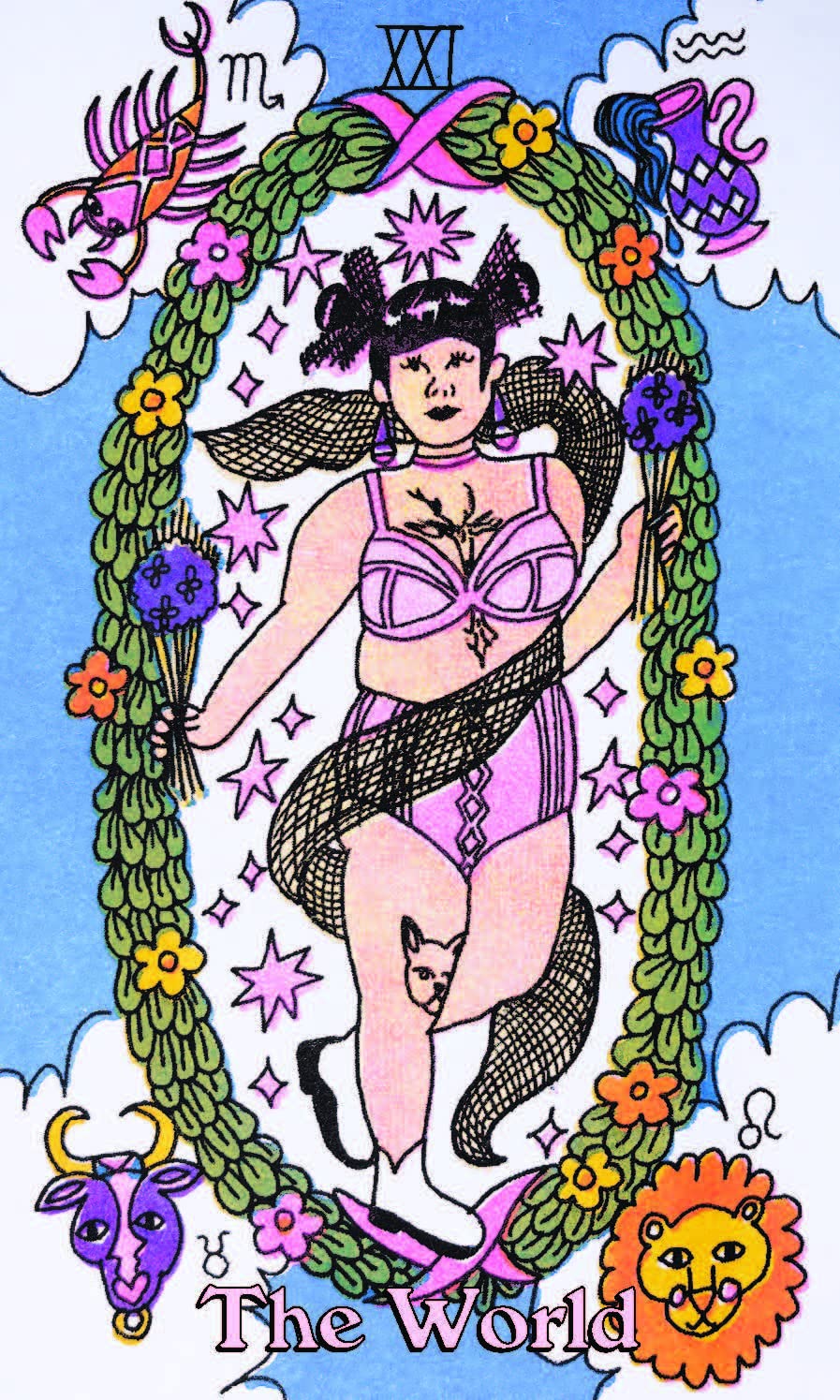 Tarot card titled 'The World' with a stylized figure and decorative elements on a blue background.