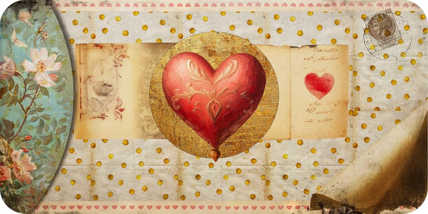 Decorative mat with heart design, floral elements, and polka dot pattern.