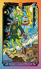 Tarot card titled 'Storyteller' featuring a colorful skeleton with a hat and staff on a desert landscape.