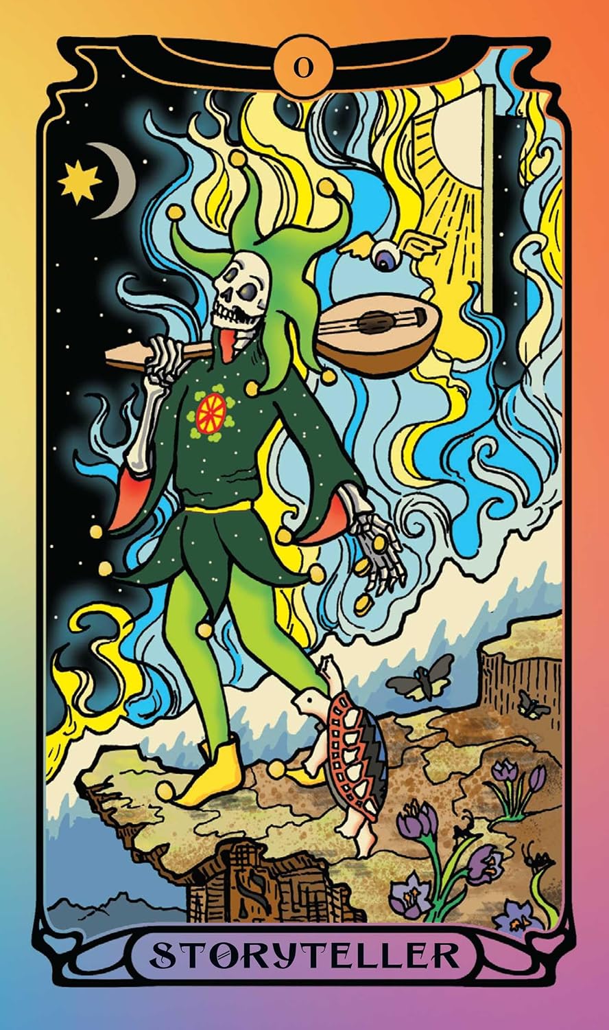 Tarot card titled 'Storyteller' featuring a colorful skeleton with a hat and staff on a desert landscape.