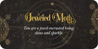 Decorative card with 'Jeweled Moth' text and celestial design on a dark background
