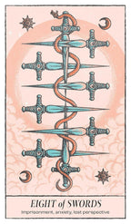 A tarot card design titled 'EIGHT of SWORDS' with the subtitle 'Imprisonment, anxiety, lost perspective.' The card shows a vertical arrangement of teal swords with an orange snake wrapped around the center, set against a pale pink background with decorative star and crescent moon motifs.