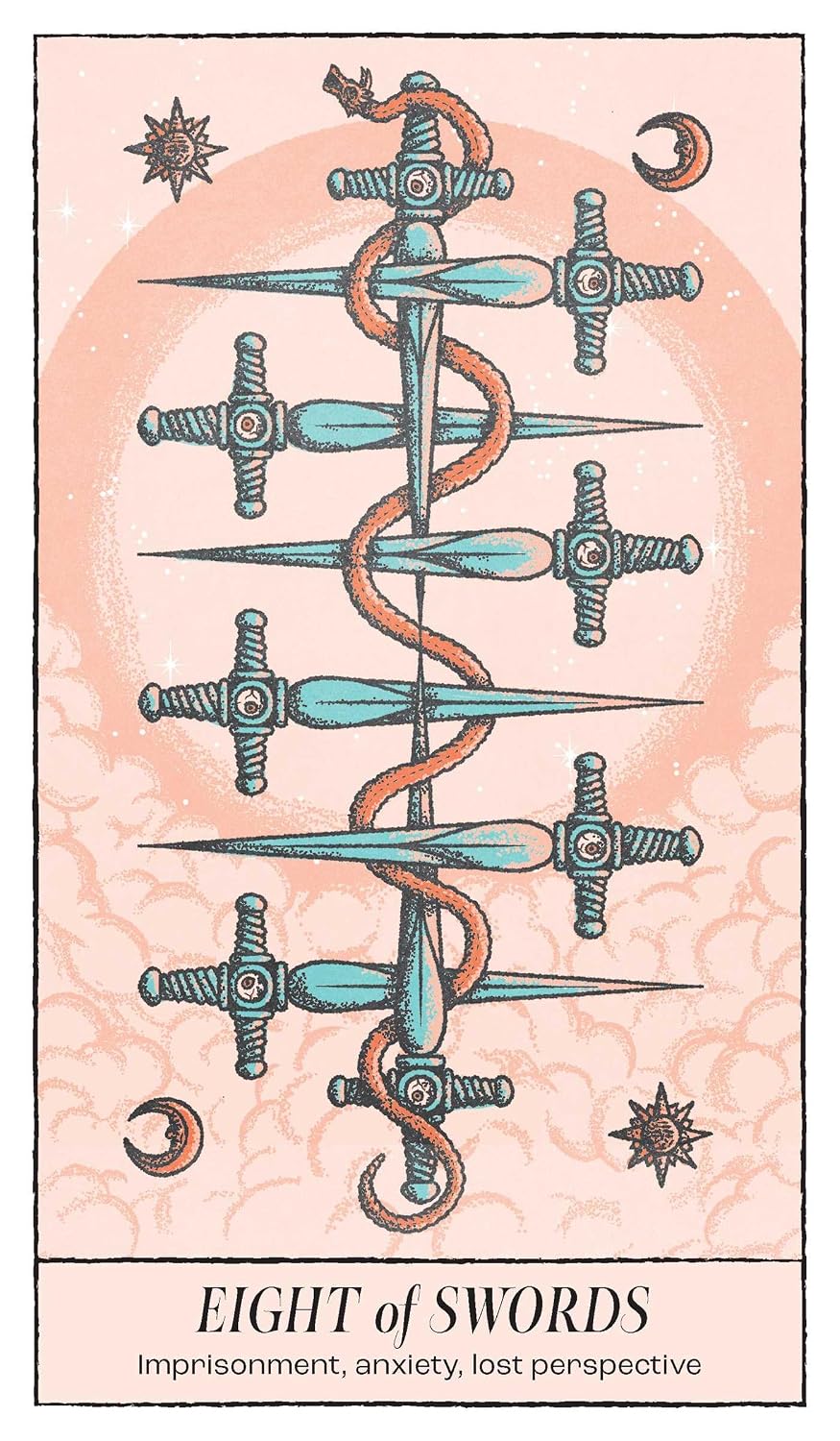 A tarot card design titled 'EIGHT of SWORDS' with the subtitle 'Imprisonment, anxiety, lost perspective.' The card shows a vertical arrangement of teal swords with an orange snake wrapped around the center, set against a pale pink background with decorative star and crescent moon motifs.