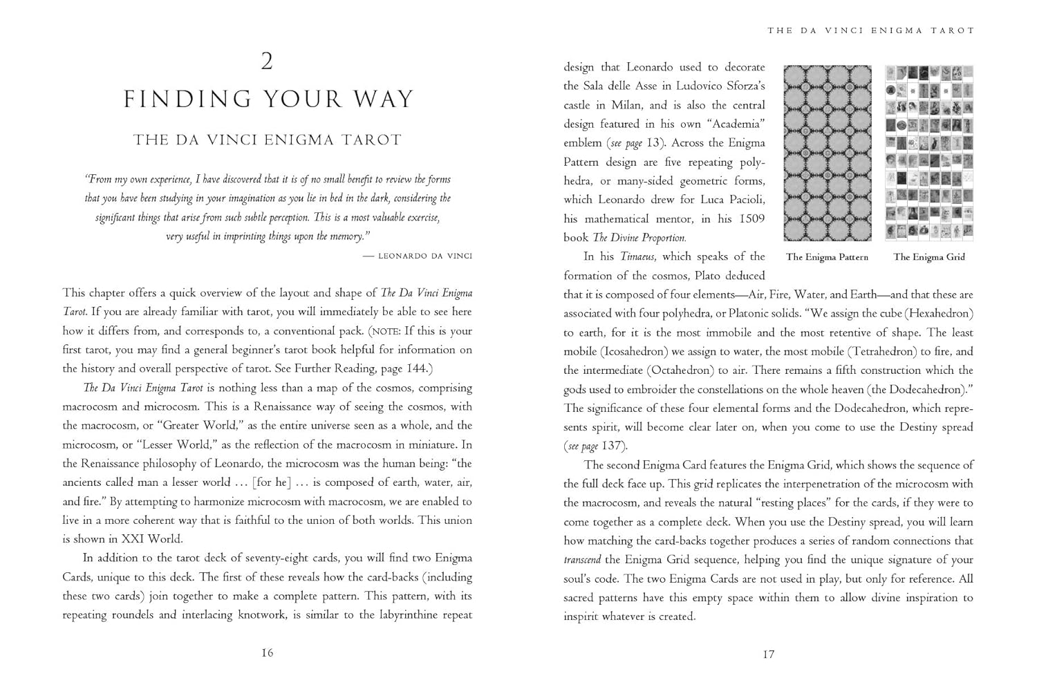Book pages from 'The Da Vinci Enigma Tarot' with text and tarot card designs.