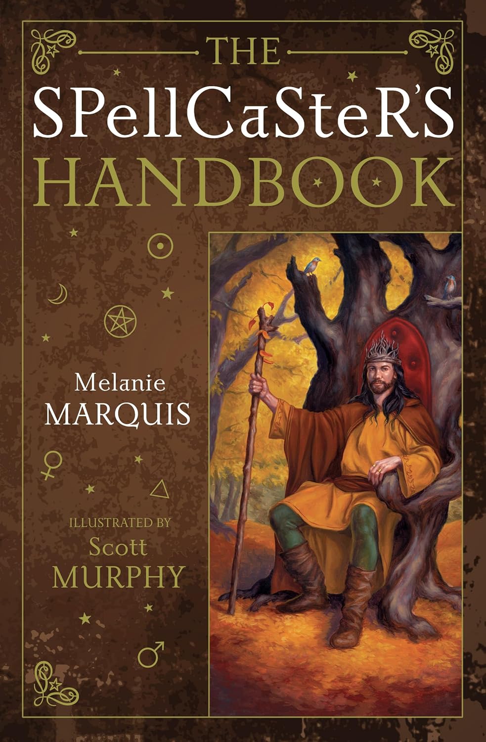 Book cover of 'The SpellCaster's Handbook' with an illustration of a wizard sitting under a tree.