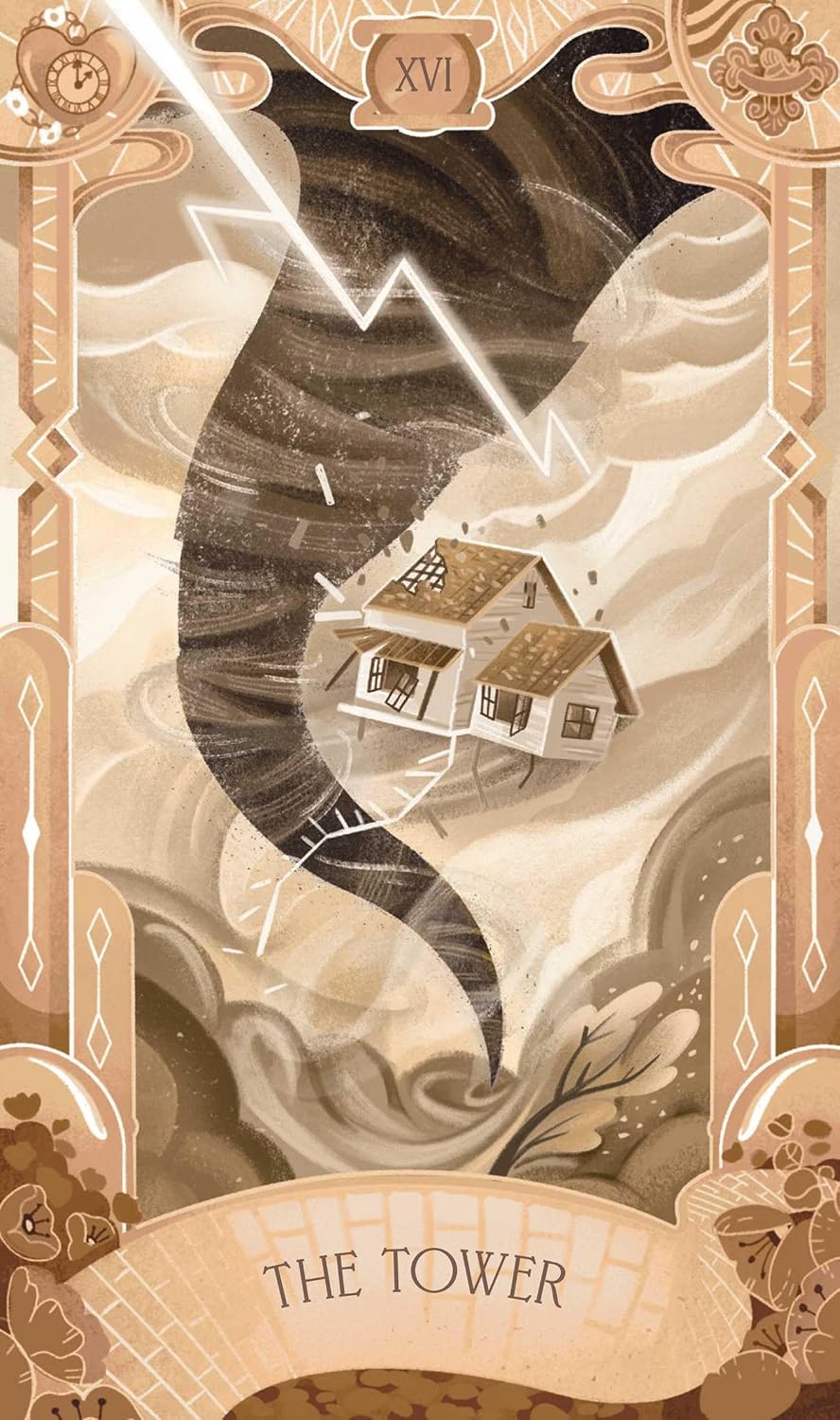 Tarot card titled 'The Tower' with a house on a mountain peak and decorative border.