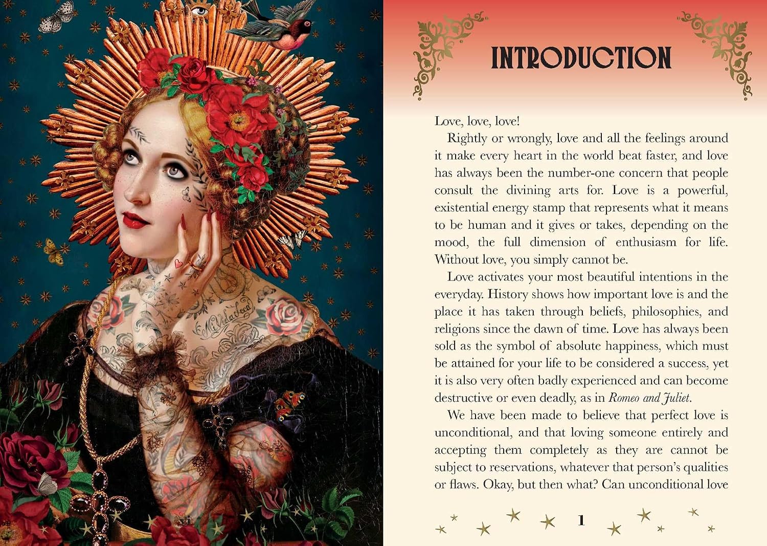 A vintage-style book or pamphlet page with an ornate portrait of a woman in a red floral headdress on the left and a text section titled 'INTRODUCTION' on the right, set against a dark teal background.