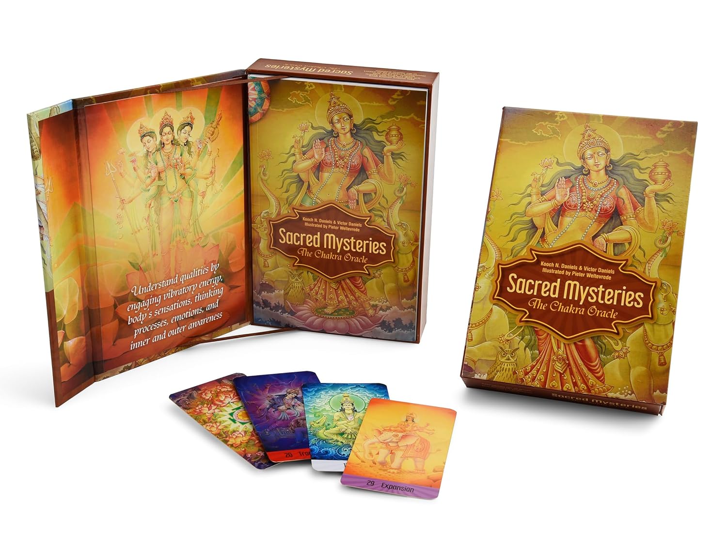Set of 'Sacred Mysteries' cards with colorful packaging on a white background