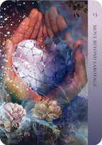 Card with hands holding a crystal ball, surrounded by flowers and nature elements, with text 'Move Beyond Sabotage'.