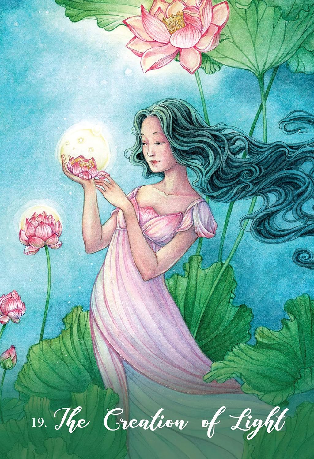 Illustrated art print titled '19. The Creation of Light' showing a woman in a flowing pink gown standing in a lotus pond, holding a glowing orb with a pink lotus flower inside.