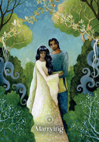 Illustration of a couple embracing in a forest with the word 'Marrying' at the bottom.