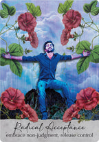 Man sitting on a rock with arms outstretched, surrounded by flowers and leaves, with 'Radical Acceptance' text at the bottom.