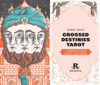 Front cover of the 'Crossed Destinies Tarot' deck by Bobby Green, published by Rockpool. The cover is split vertically: the left half features a detailed, stylized illustration of a face with a teal turban and orange beard, while the right half is a pale pink background with white clouds and the product title in black text.